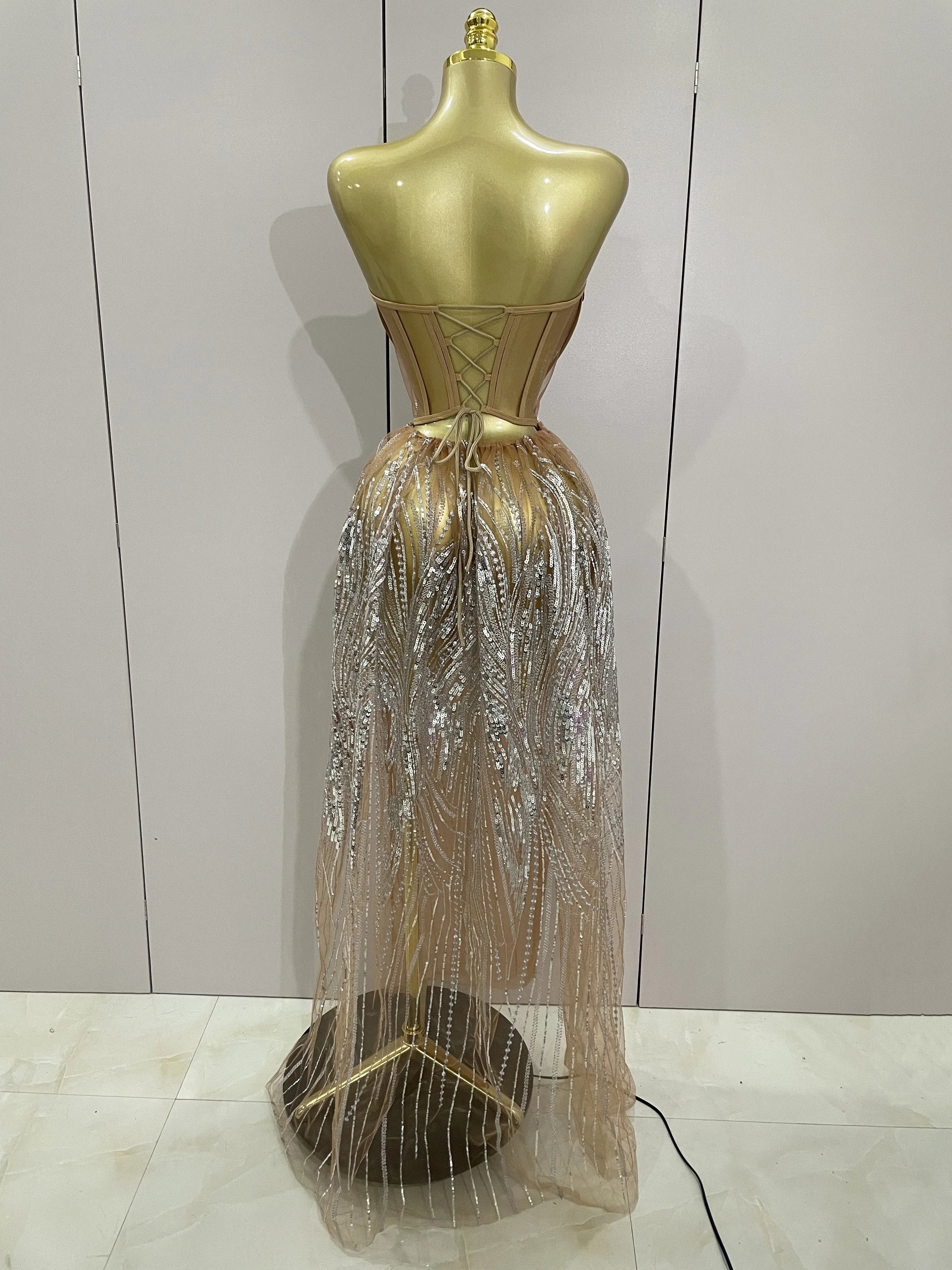 2025 Sparkly Rhinestone Sequins Sexy Strapless See-Through Long Dress Women Evening Birthday Party Dress Nightclub Stage Costume