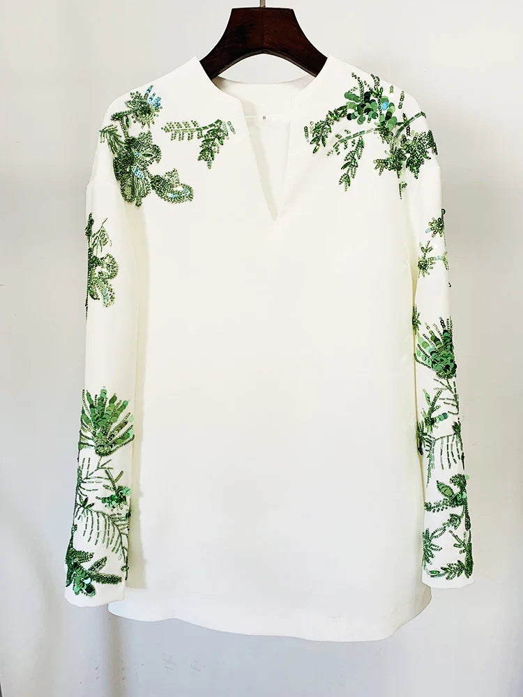 HIGH STREET Newest Designer Suit Set Women's Loose Style Long Sleeve Stunning Beaded Blouse Tops Flare Pants