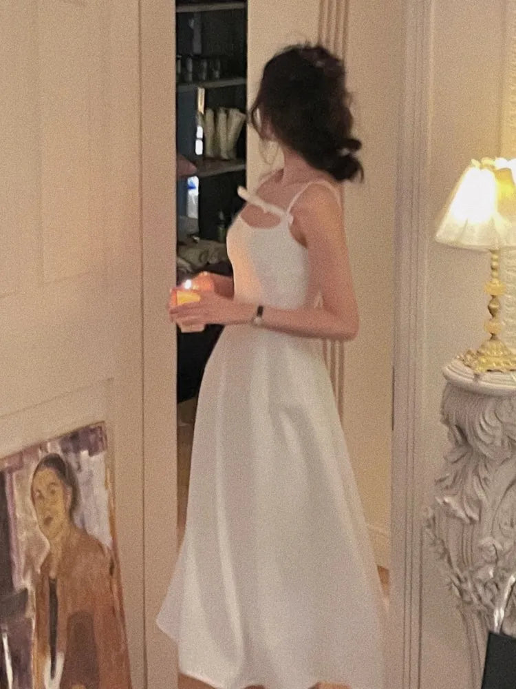 Y2K Summer Short Dress Women Solid Spaghetti Strap Evening Party Dresses Elegant Sleeveless Sexy A-line One Piece Vestido Mujer White(Long)