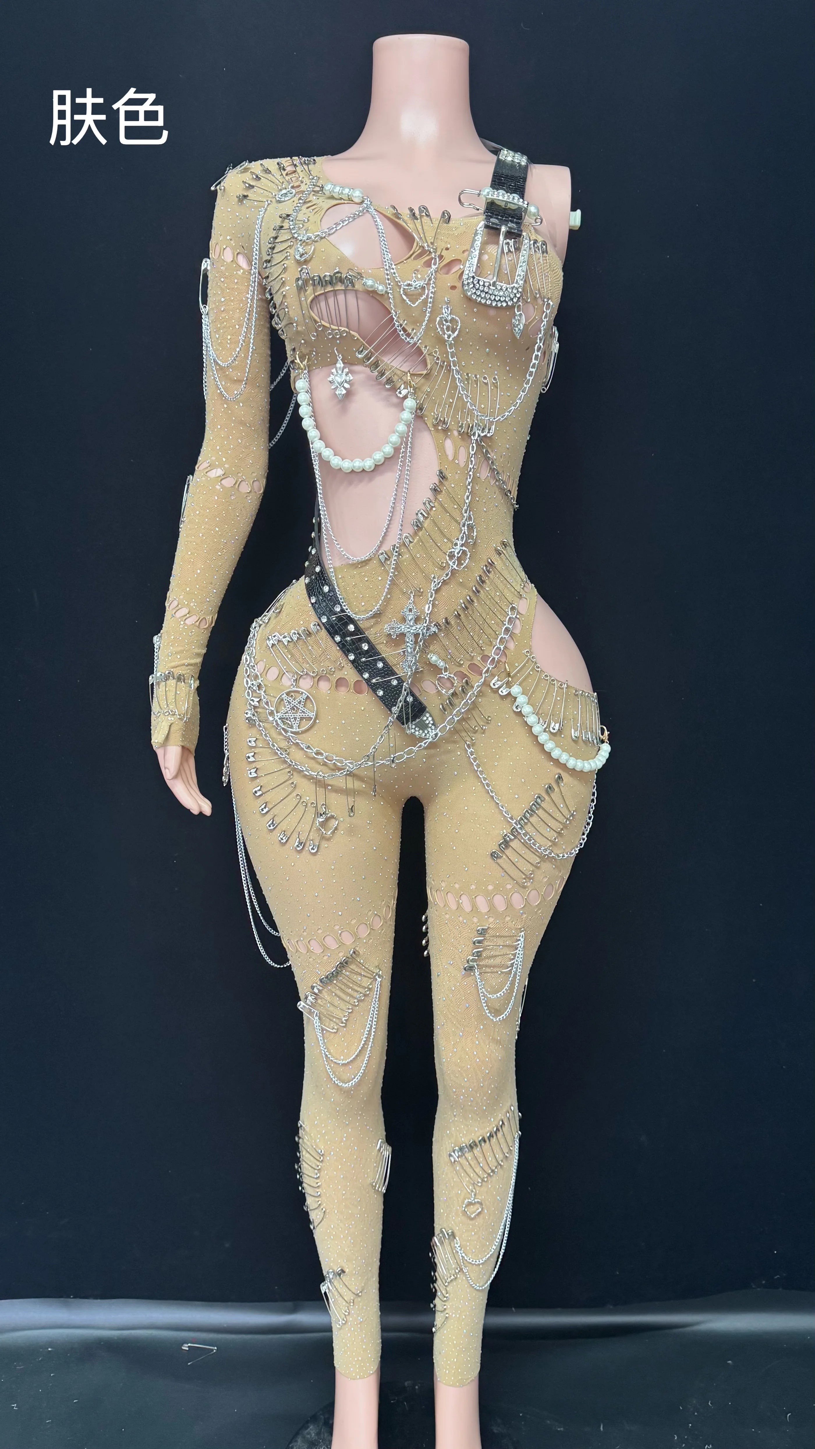 Sexy Shining Pearl Chain One Shoulder Hollow Out Jumpsuit 2025 New Women Birthday Party Nightclub Singer Performance Stage Wear Khaki