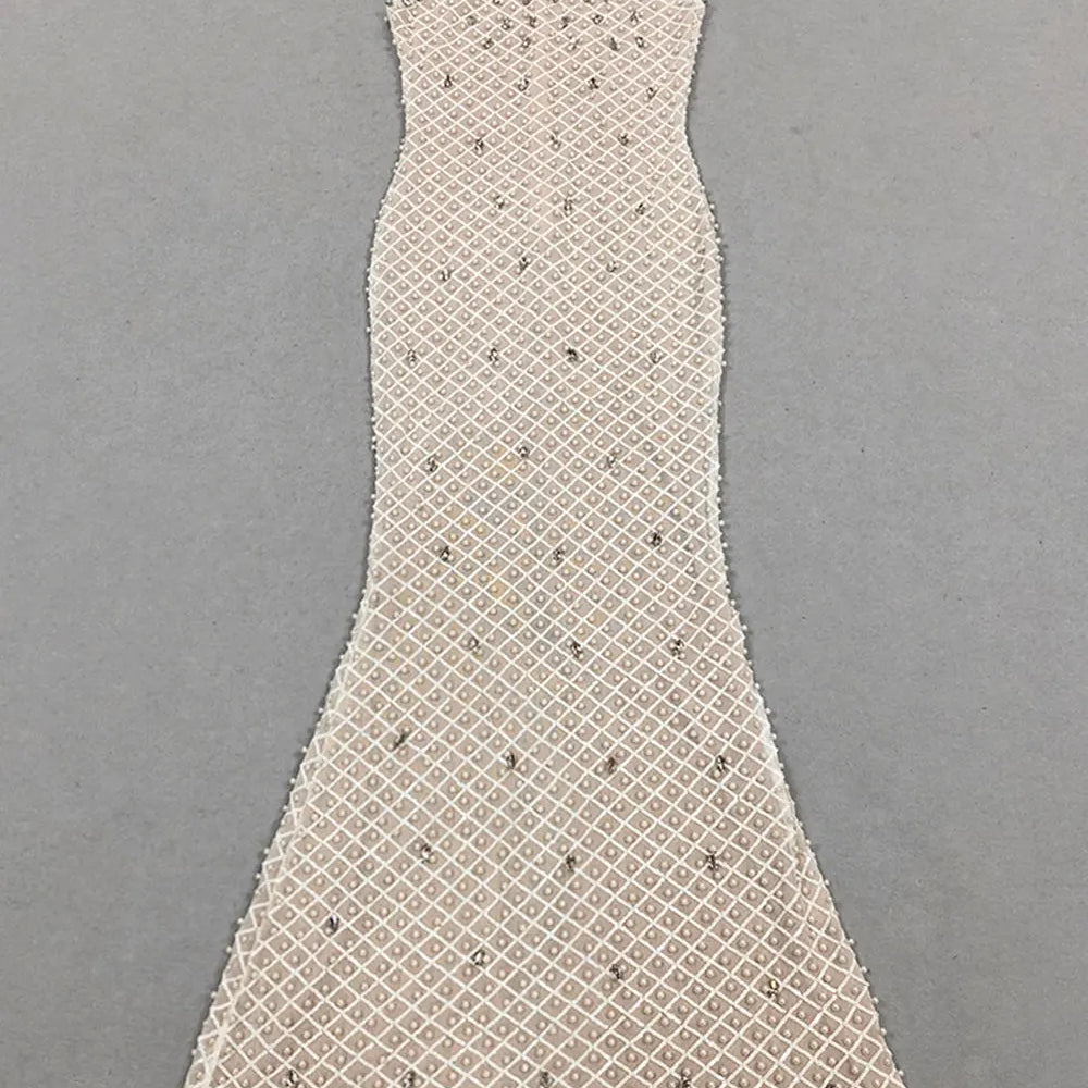 2025 Spring Sexy Women's Light Luxury Nail Bead Design Maxi Dress O-Neck Sleeveless Bodycon Tail Long Dress Club Party Vestidos