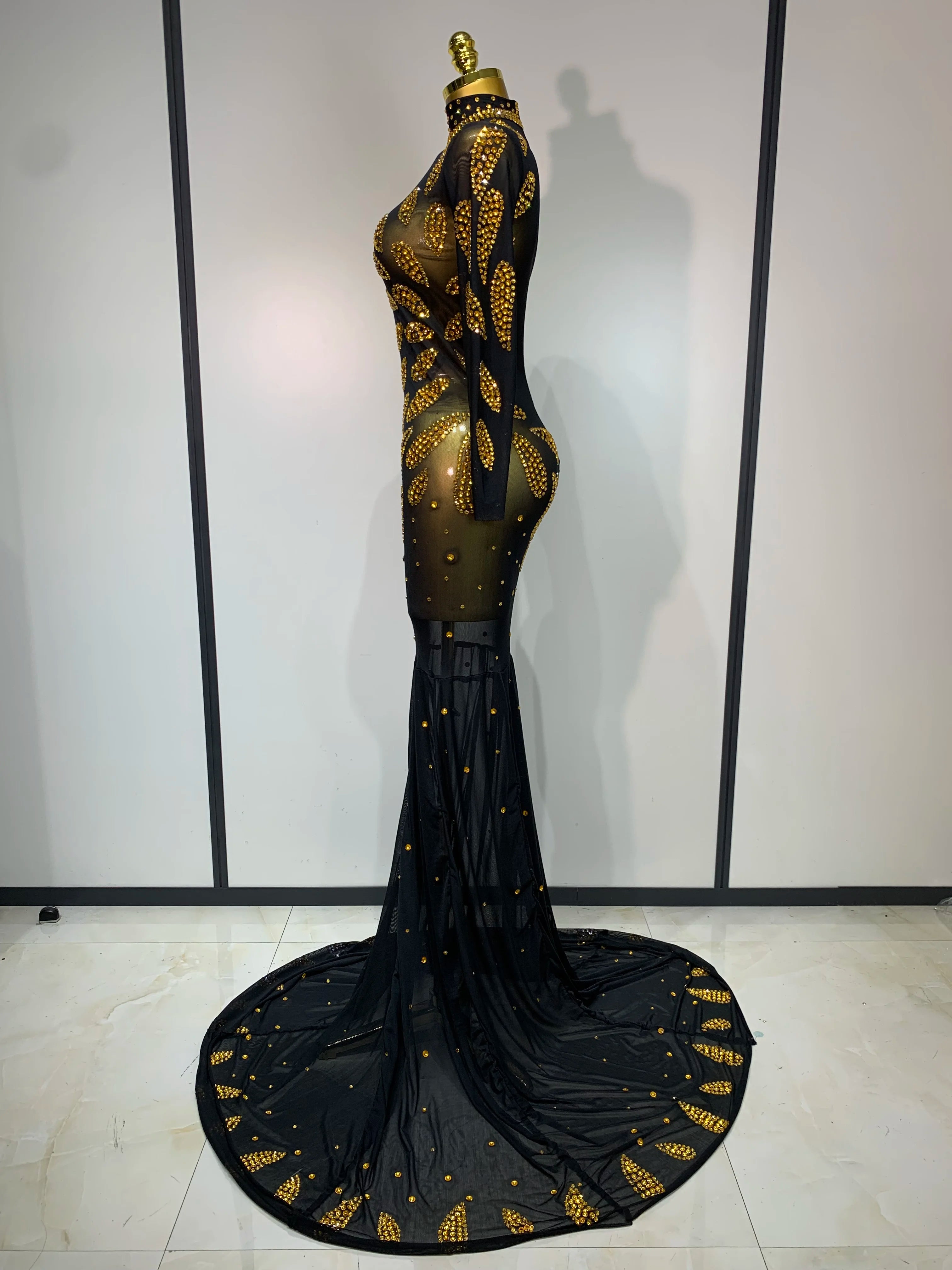 Stage Perform Dress Sexy Mesh Transparent Maxi Long Dress Nightclub Outfit Singer Dance Costume Elegant Party Dress