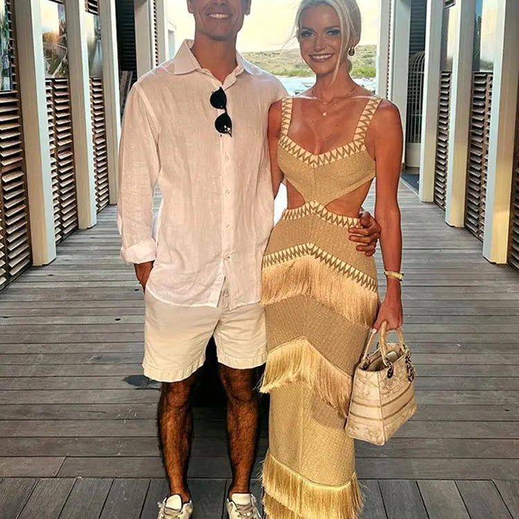 Women Chic Tassel Spaghetti Strap Long Dress Sexy Hollow Out High Waist Bodycon Vestidos Female Vacation Beach Party Robe khaki