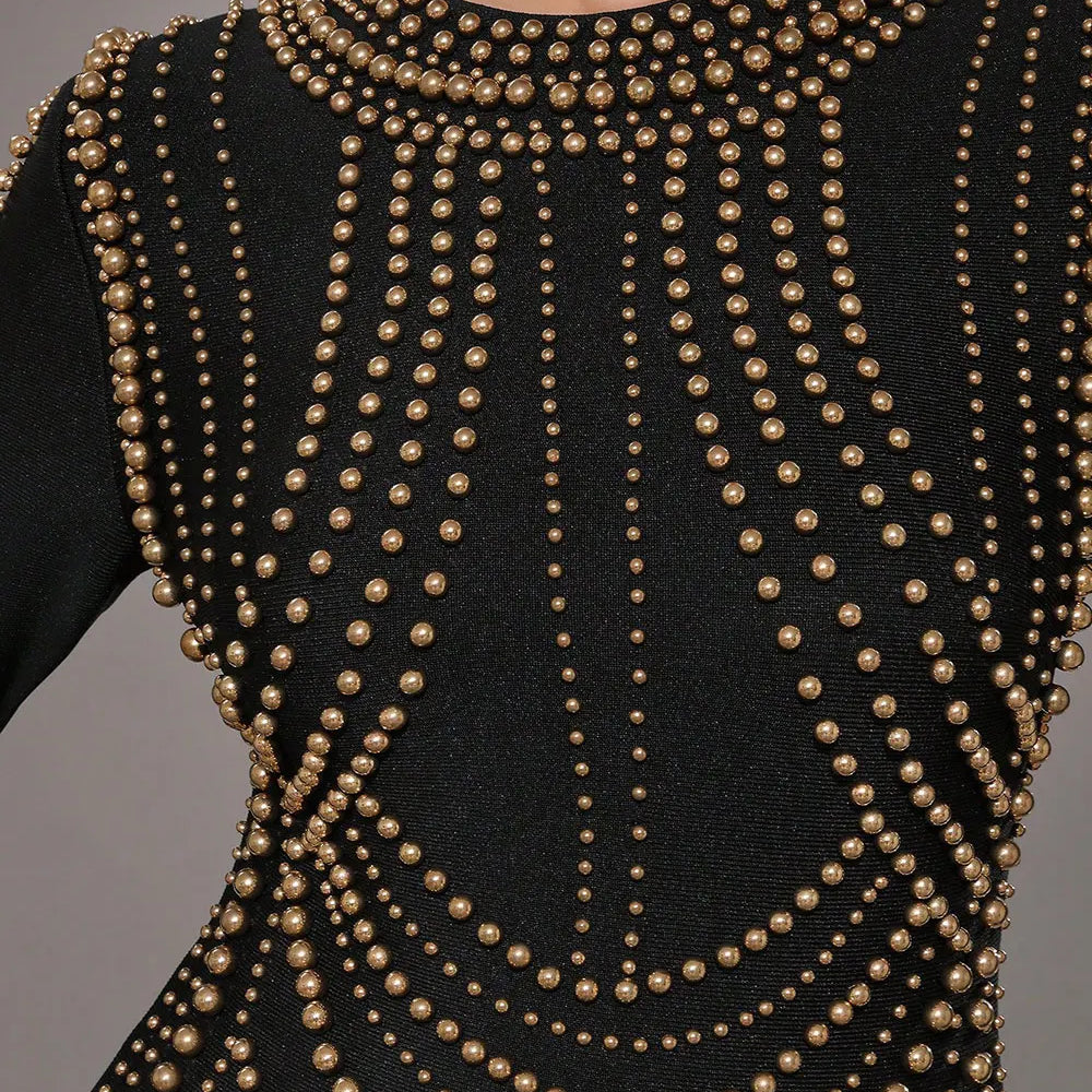 2025 Elegant Women's Light Luxury Rivet Design Bandage Dress O-neck Long Sleeve Bodycon Black Mini Dress Evening Party Vestidos