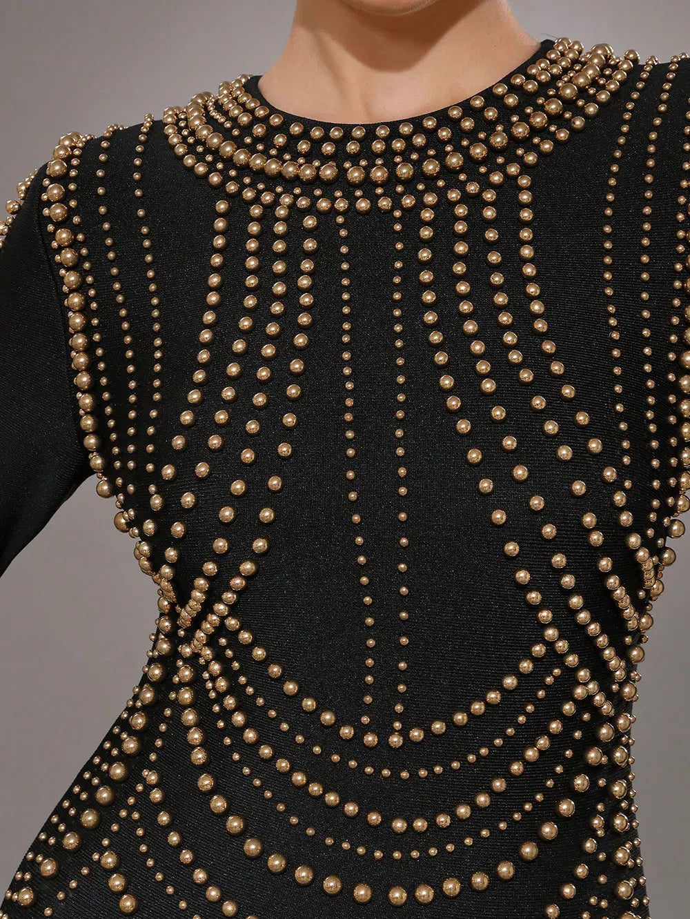 2025 Elegant Women's Light Luxury Rivet Design Bandage Dress O-neck Long Sleeve Bodycon Black Mini Dress Evening Party Vestidos