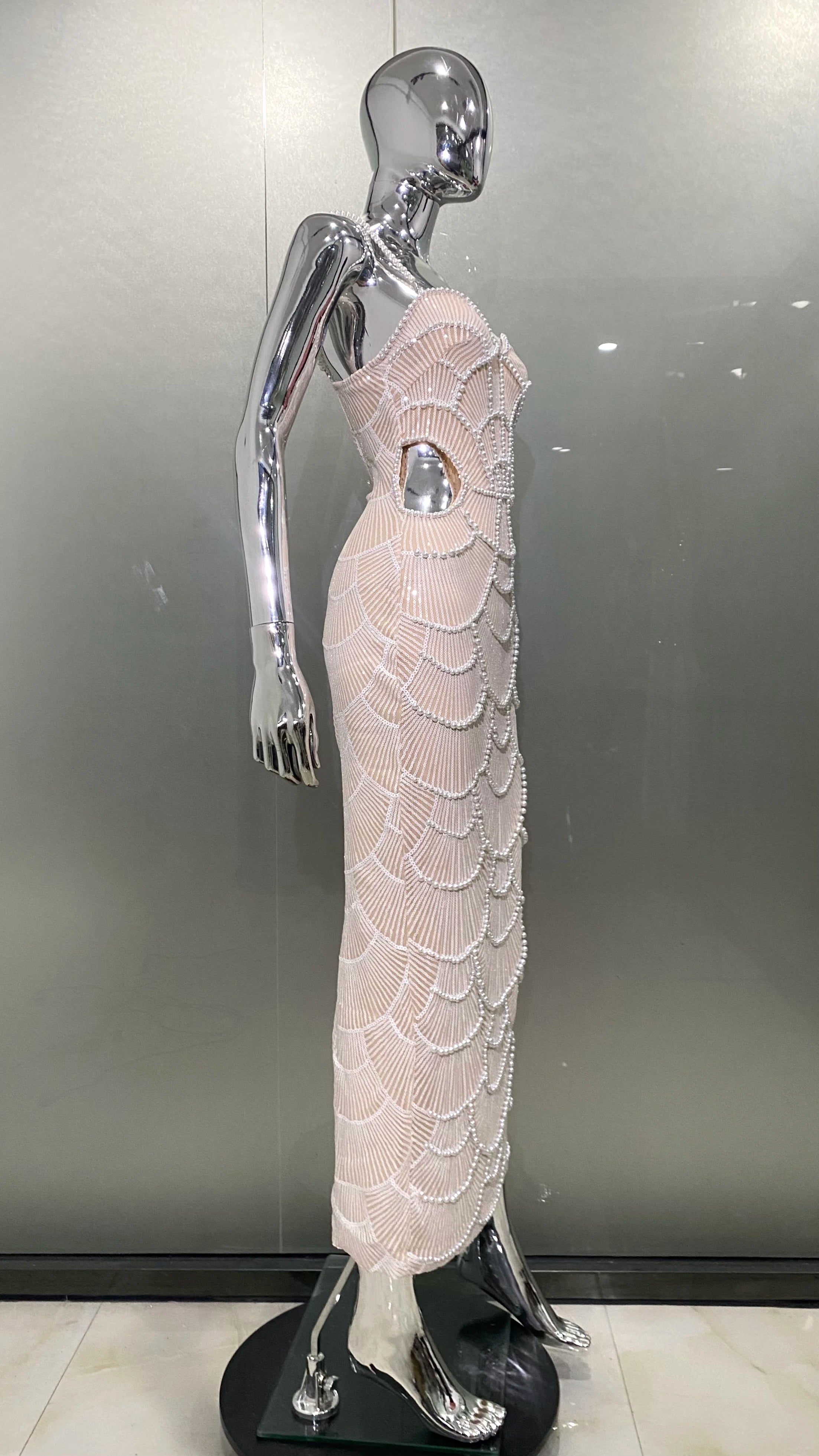 Women Sexy Pearl Beading Sequins Bodycon Mid-calf Dress Fashion Celebrate Evening Party Birthday Dress Wholesale