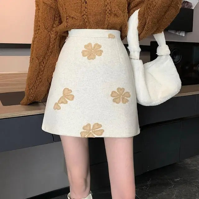 Sweet Fashion Preppy Style Autumn/Winter New Women's Woolen Embroidered Zipper Korean Casual High Waist Slim Short A-line Skirt APRICOT