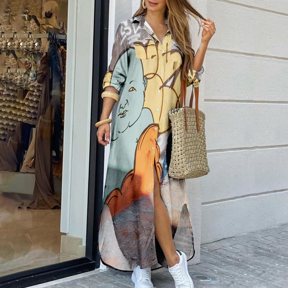 Women's fashion casual dress with loose V-neck print lining 5