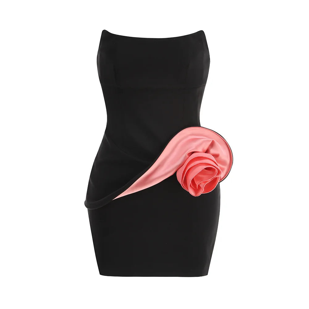 Women Sexy Strapless Pink Florals Bodycon Mini Dress Celebrate Birthday Party Cute Girls' Vacation Outfit black