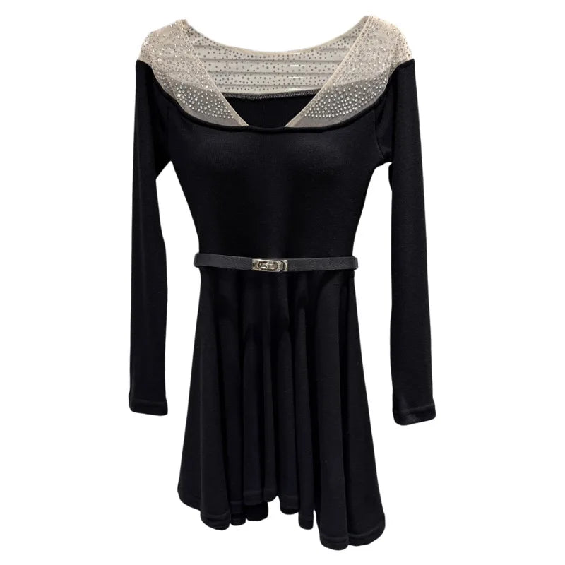 Winter New Elegant Fashion Rhinestone Mesh Collar With Belt Chest Pad Knitted Dress For Women Slim Dresses 11A07734