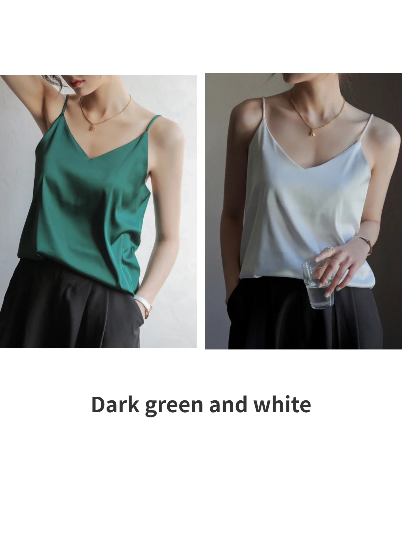 Grey Camisoles for Women Acetate SATIN Loose Summer Spaghetti Strap Tank Top Solid V-neck Fashion Sexy Backless Tanks & Camis Dark green and white