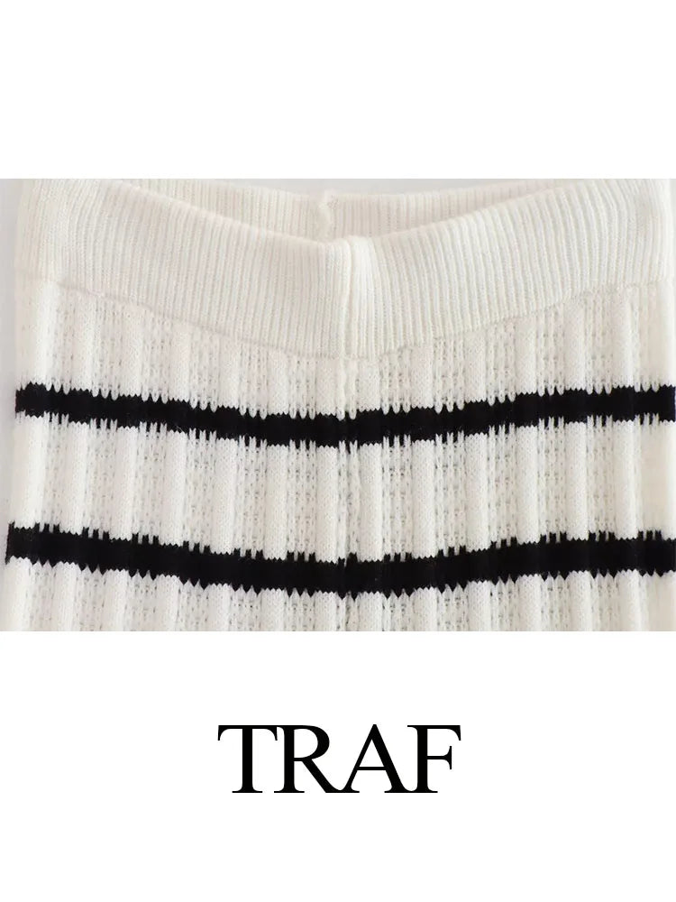 TRAF Women Fashion Summer 2 Pieces Set Black And White Striped V-Neck Lace-Up Tops+Knitted High Waist Wide Leg Pants Female Suit