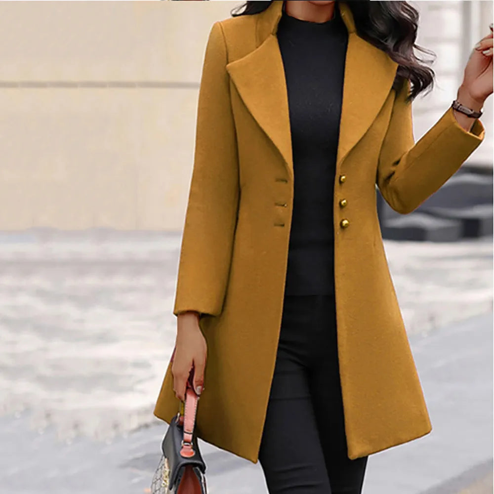 Solid Colo Slim Woolen Women's Coat Long Jacket Autumn Winter Fashion Korean Outerwear Black Coat Elegant Female Clothing Yellow