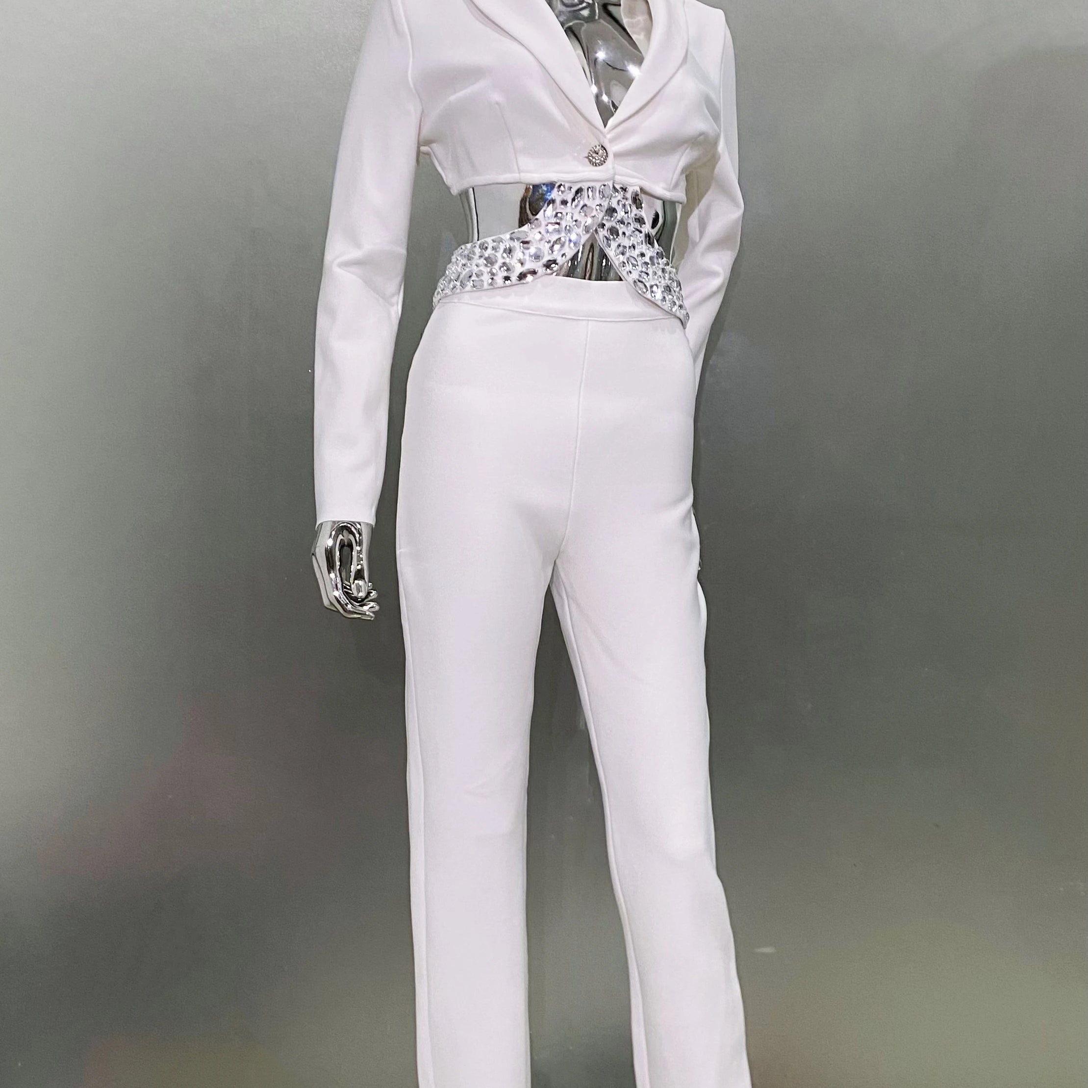 2024 Black White Women Long Sleeve Sexy V-Neck Bodycon Bandage Set Shinning Crystal Nightclub Party Women's Set