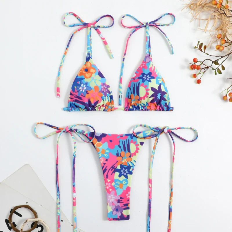 Sexy Flower Print Bikini 3 Women Swimsuit Female Swimwear Thong Bikinis Set Brazilian Halter Beach Wear Bathing Suit
