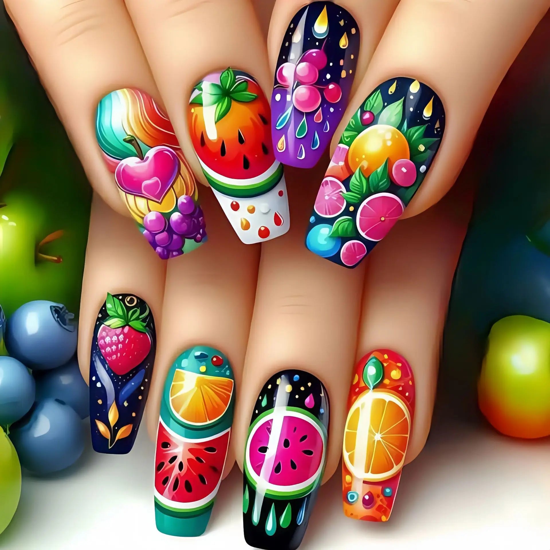 24Pcs Green Colorful Press on Fake Nails with Watermelon Lemon Pattern Manicure Set Plant Flowers Design Long Ballet False Nails 3