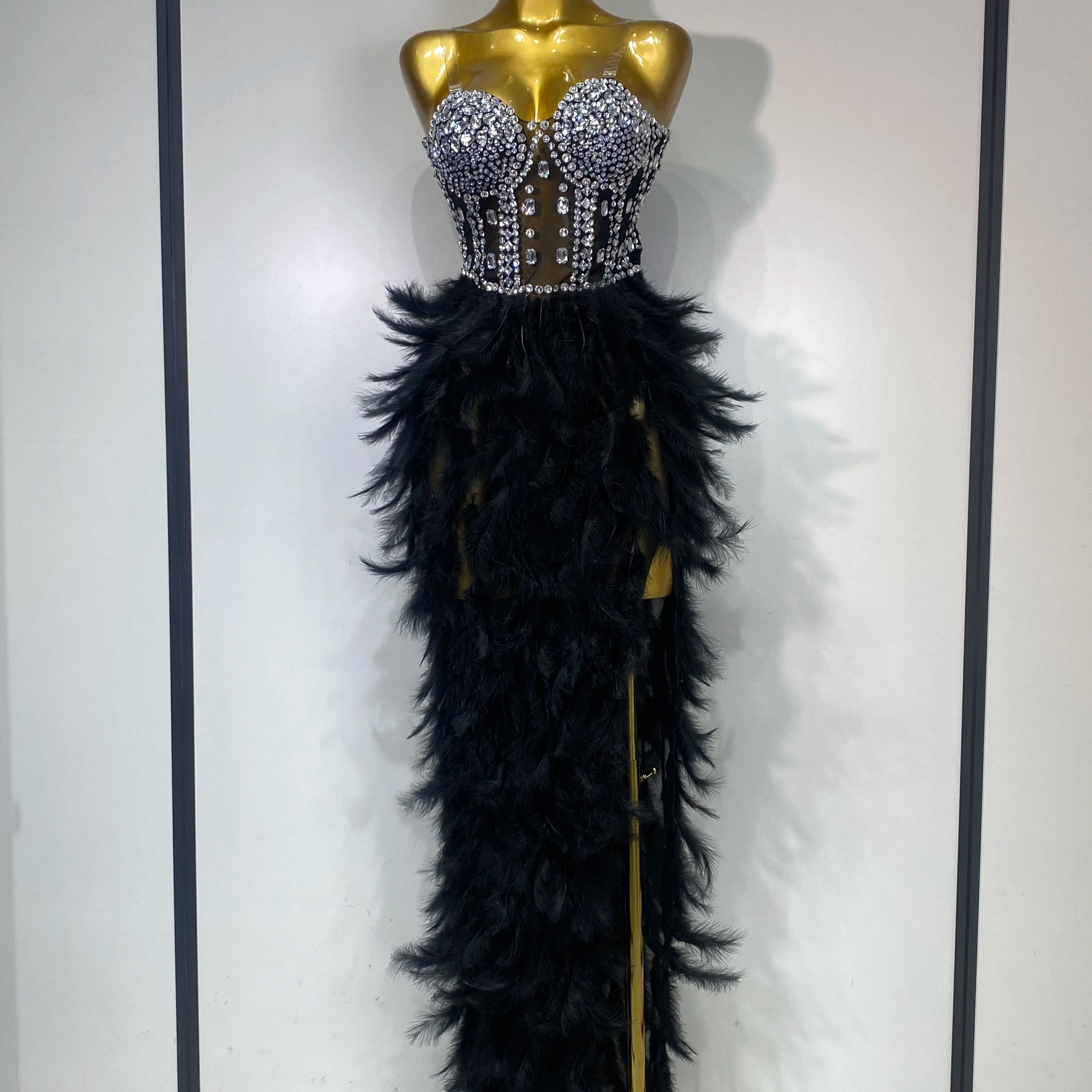 Women Sexy Sparkly Rhinestone Feather Mesh Long Dress Elegant Evening Party Celebrate Luxury Birthday Singer Stage Costume black