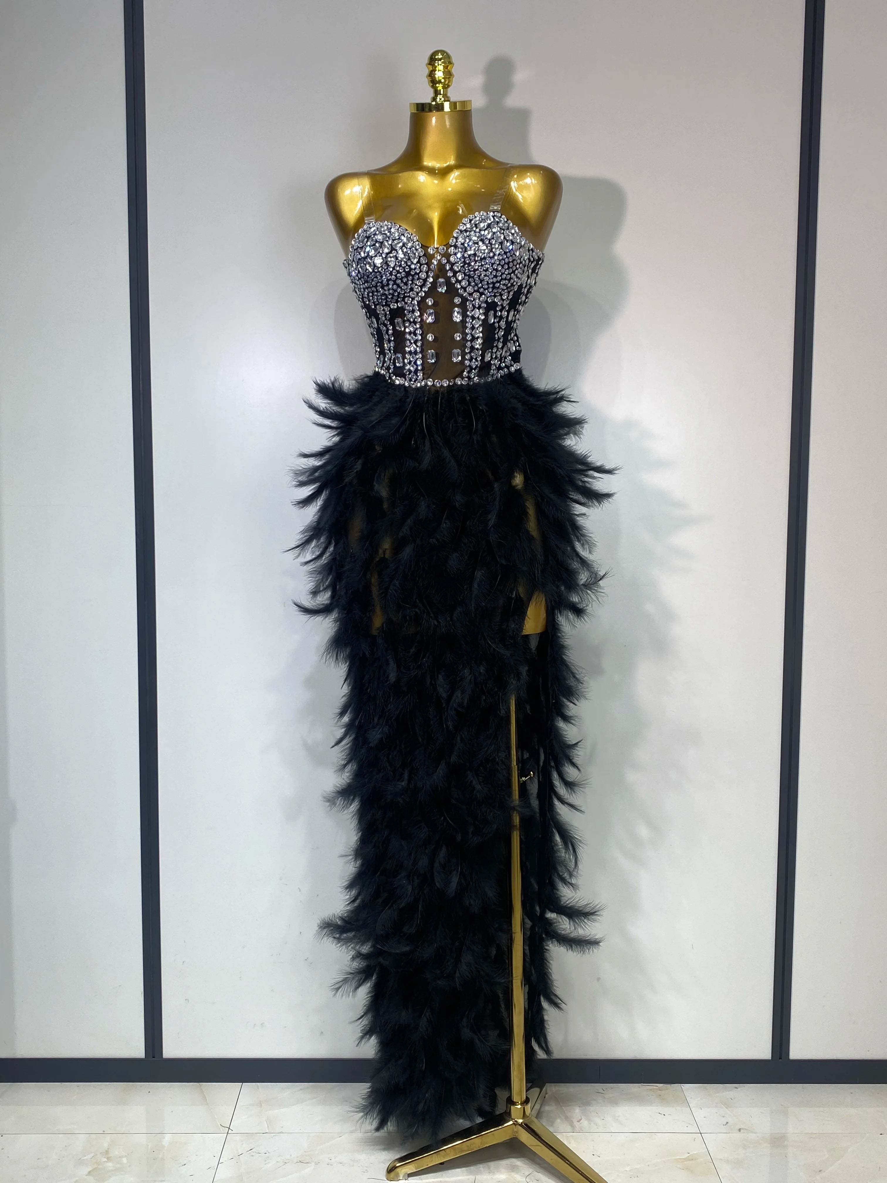 Women Sexy Sparkly Rhinestone Feather Mesh Long Dress Elegant Evening Party Celebrate Luxury Birthday Singer Stage Costume black
