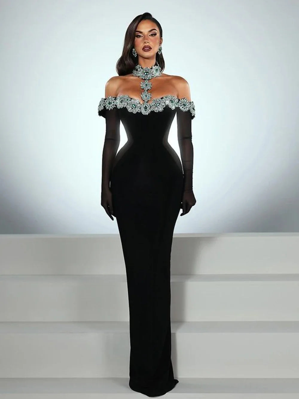 2025 Sexy Women Light Luxury Nail Bead Bandage Dress Hanging Neck Shoulder Short Sleeve Bodycon Long Dress Evening Party Vestido