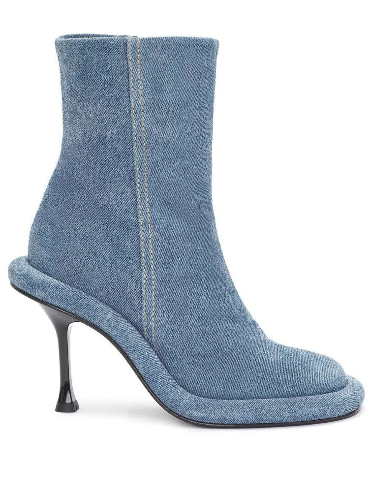 Spring and Autumn Women's New Slender High Heel Denim Short Boots Round Head Side Zipper Fashion Brand Women's Boots 296 Blue