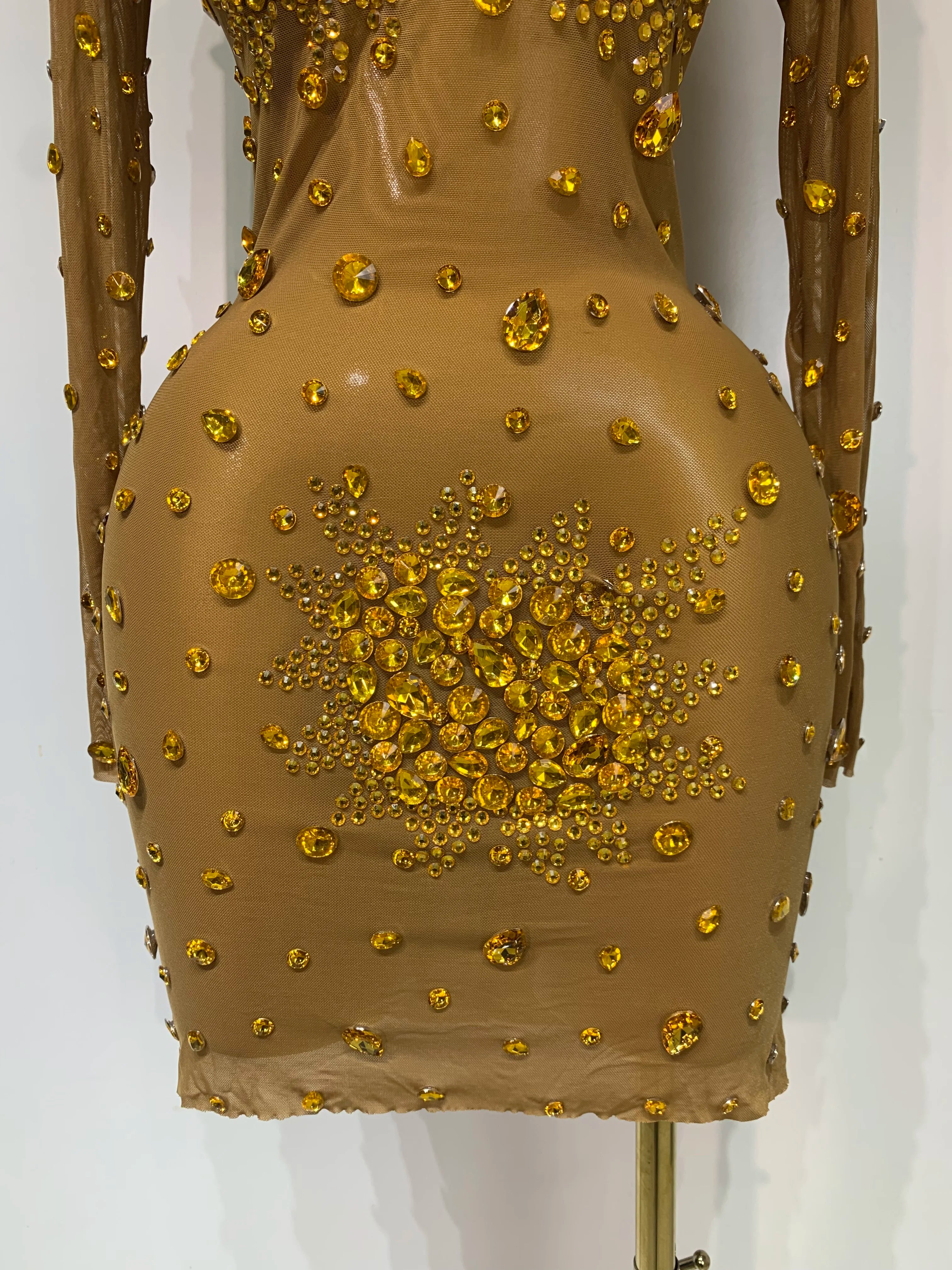 Women Sexy Gold Rhinestones Sparkly See Through Mini Dress Evening Party Fashion Performance Stage Outfit Luxury Birthday Dress