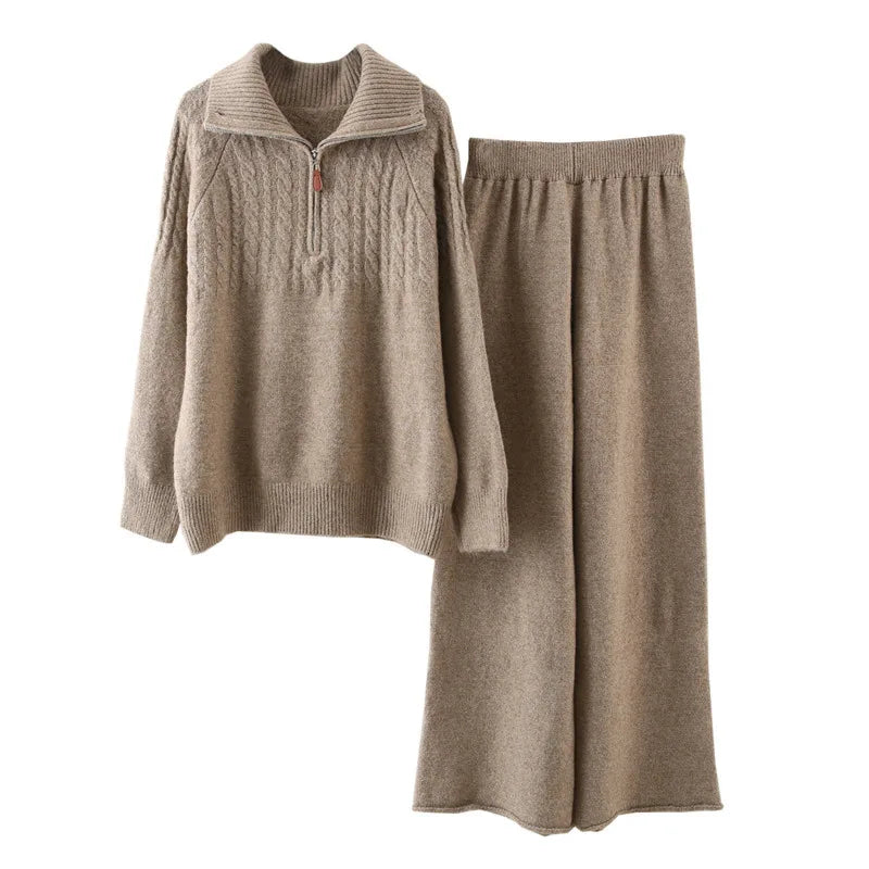 Autumn Winter New Half-Zip Stand Collar Knit Sweater Suit For Women Wide-Leg Pants Knitted Two-Piece Set 11A07540