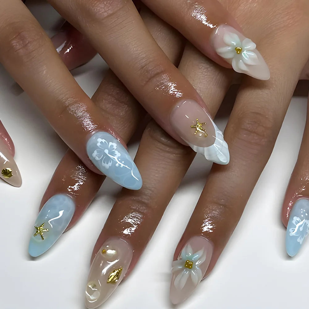24pcs Summer Almond Press on Nails Ins Simple Flower Shell Decor French False Nails Wearable Reusable Fake Nails for Women Girl 3