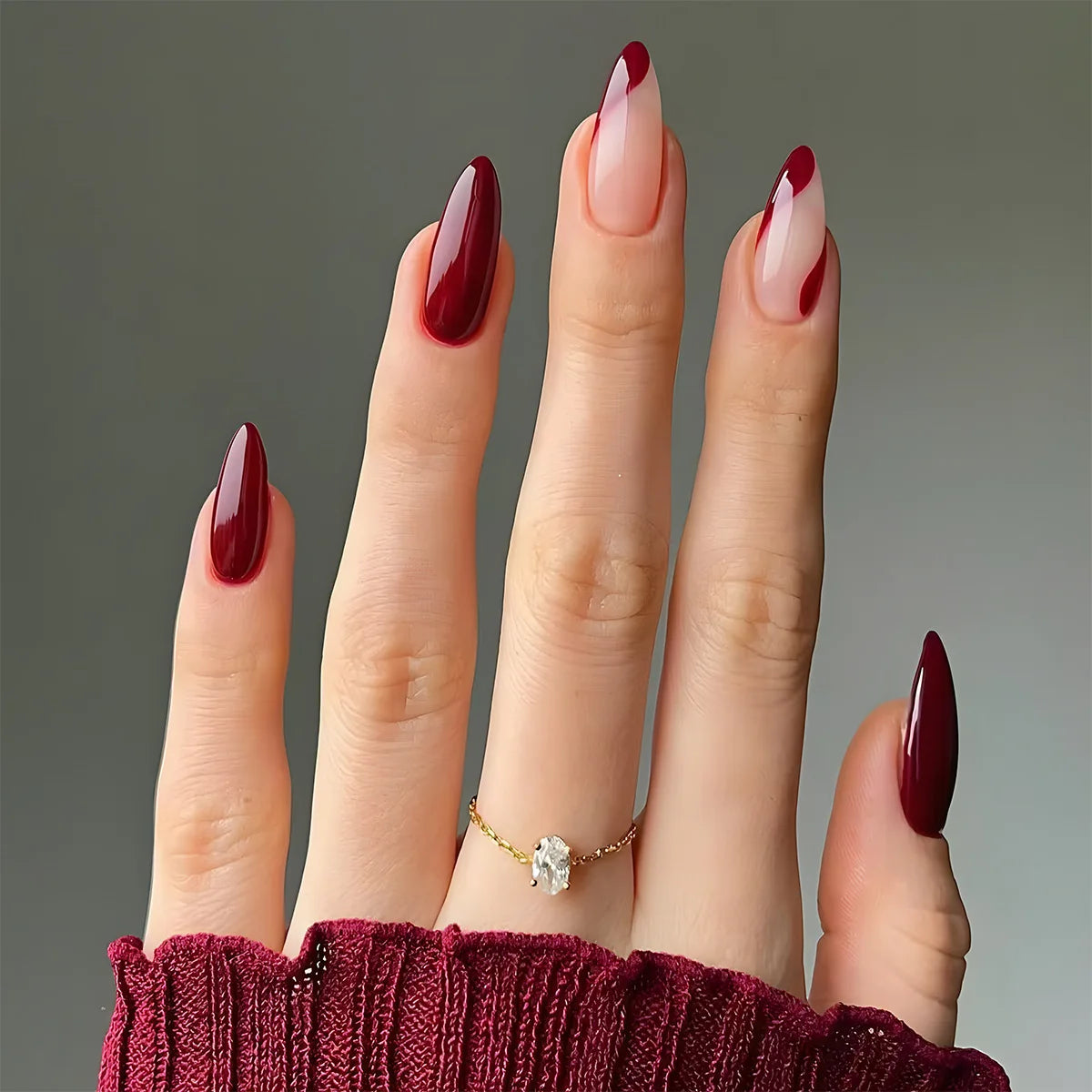 24Pcs Simple Wine Red Fake Nail with Glue Mid-length Almond Press on False Nails Wearable Round Head Oval Full Cover Nail Tips 87-40