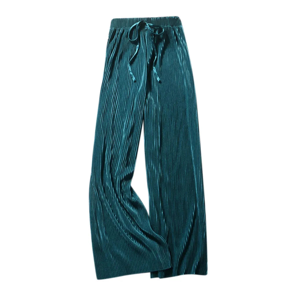 Women Pants Summer Spring Ice Silk Fashion Tide Korean Casual Cropped Pants Loose Elastic Waist High Pleated Wide Leg