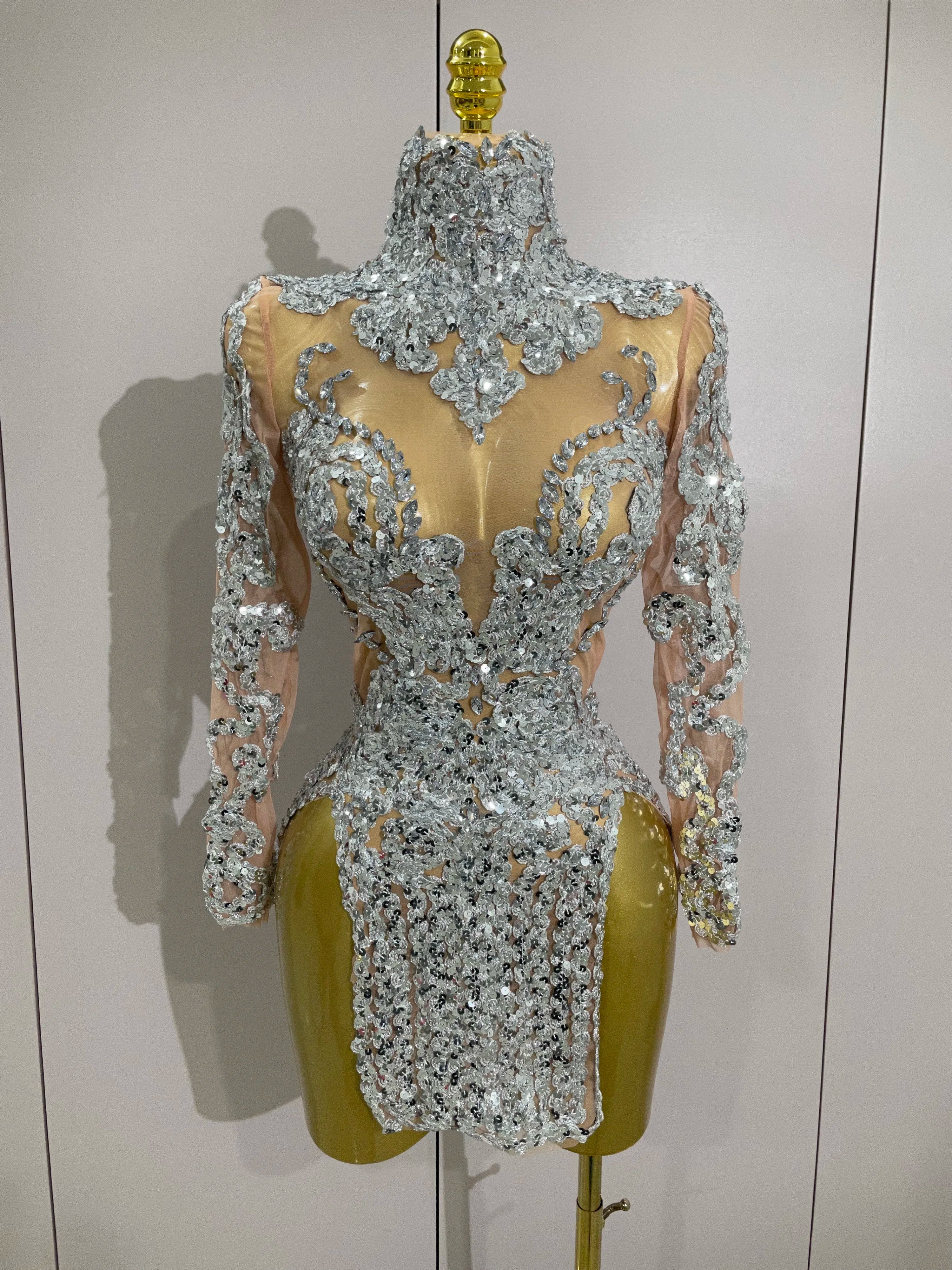 Luxury Sparkly Sequins Stretch Long Sleeve Mesh Mini Dress 2025 Women Birthday Party Nightclub Dancer Stage Performance Costume Silver