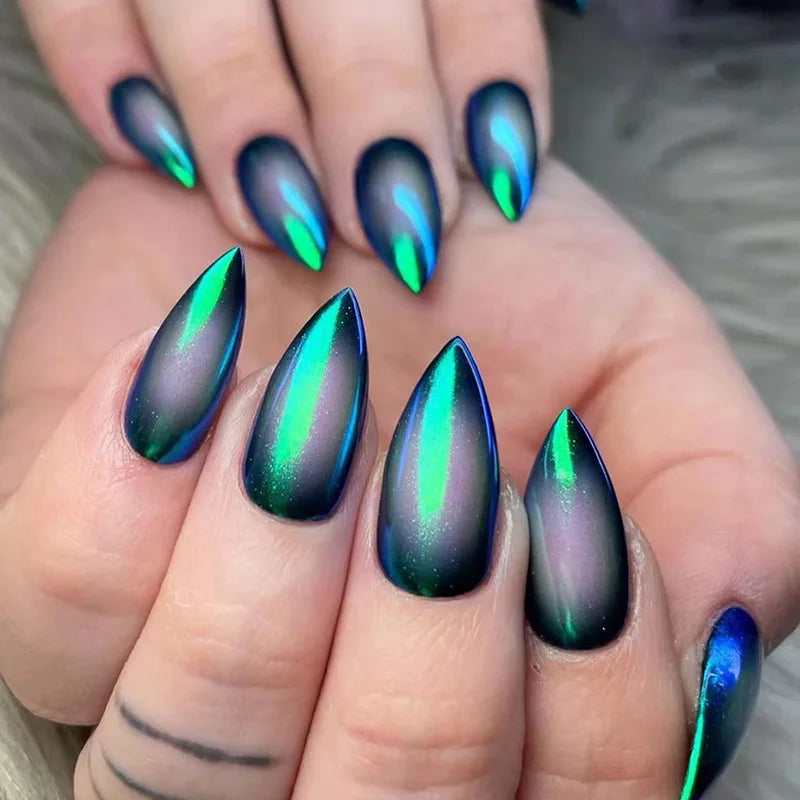 24Pcs 3D Cat-eye Dark Blue Design False Nails with Irregular Lines Spice Girl Detachable Nail Tips Short Oval Nails Set Press On 6