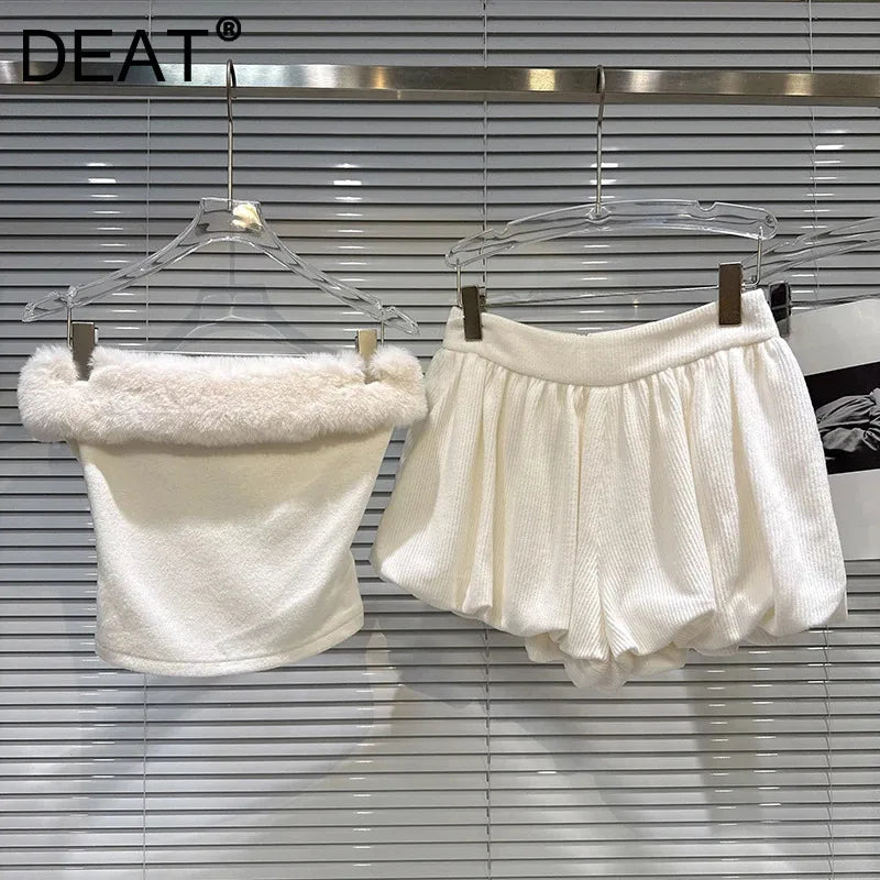 Winter New fashion Sweet Frayed Edge Knitted Tank Top Vest For Women Solid Color Puff Shorts Female Trend 11A07860