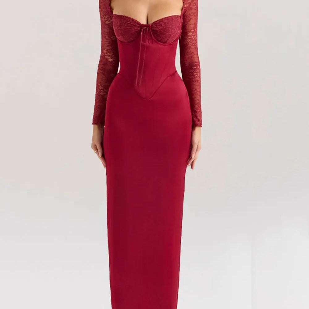 2024 Sexy Women Christmas Dress Strapless Lace Up Long Sleeved Bodycon Back Drawstring Design Long Dress Cocktail Party Vestidos Claret