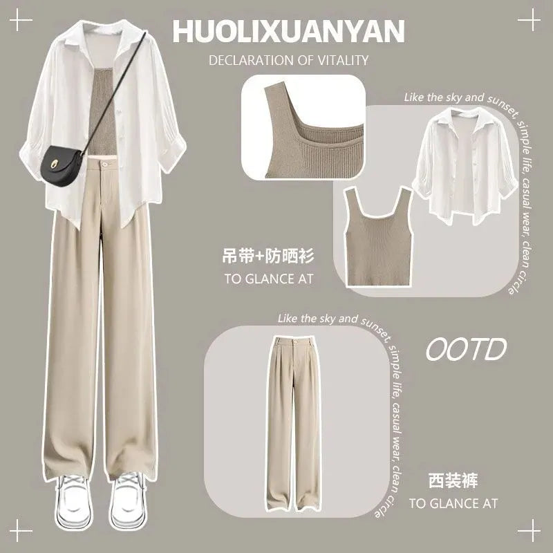 Women's Summer Suit 2024 New Casual Sunscreen Shirt Top+Strap+Casual Pants 3 Piece Korean Elegant Blouse Trousers Matching Set Set 01