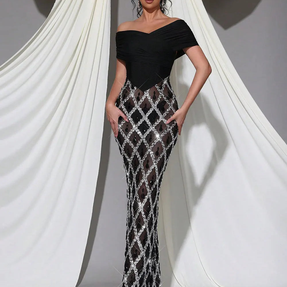 2025 Spring Sexy Women's Chiffon Patchwork Sparkle Nail Bead Long Dress V-neck Short Sleeve Bodycon Dress Cocktail Banquet Dress black