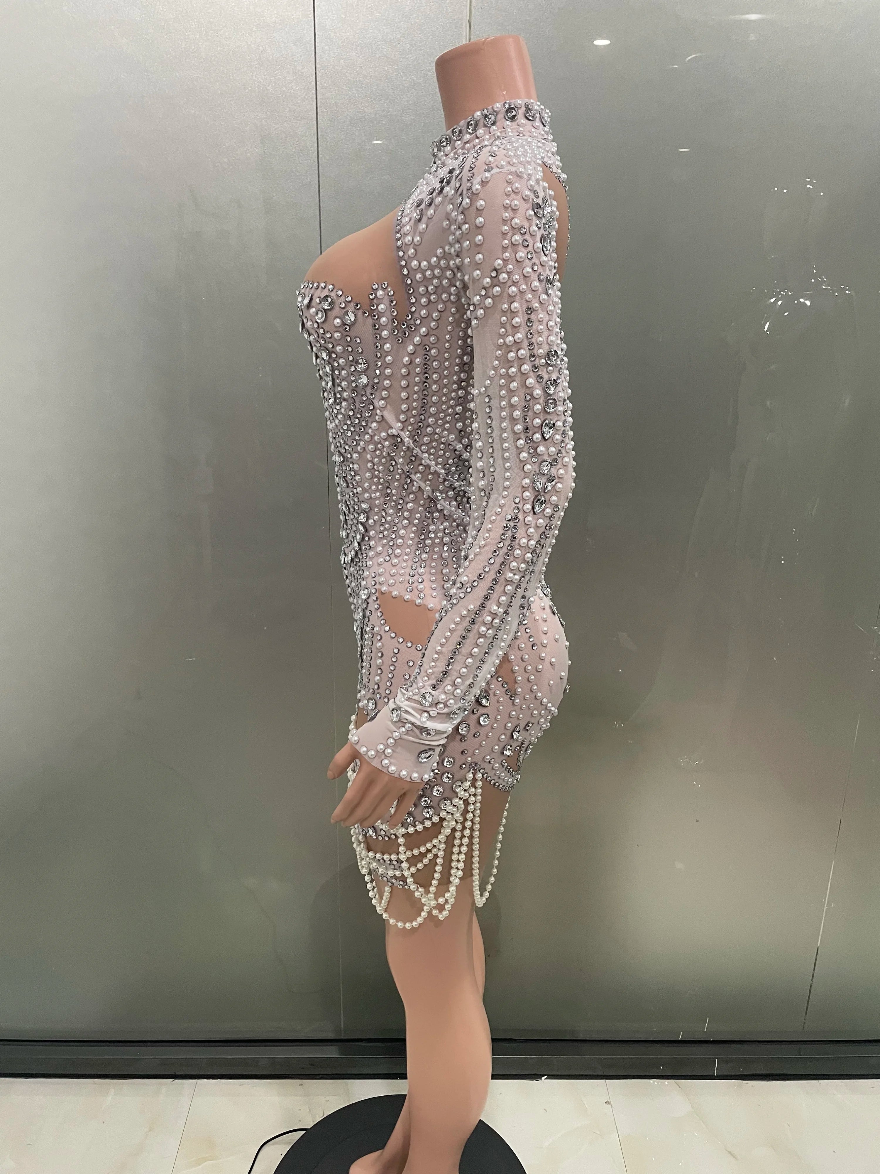 STOCK White Color Women Long Sleeve Sexy Mesh Beading Bodycon Mini Dress High Stretch Celebrate Birthday Party Dress