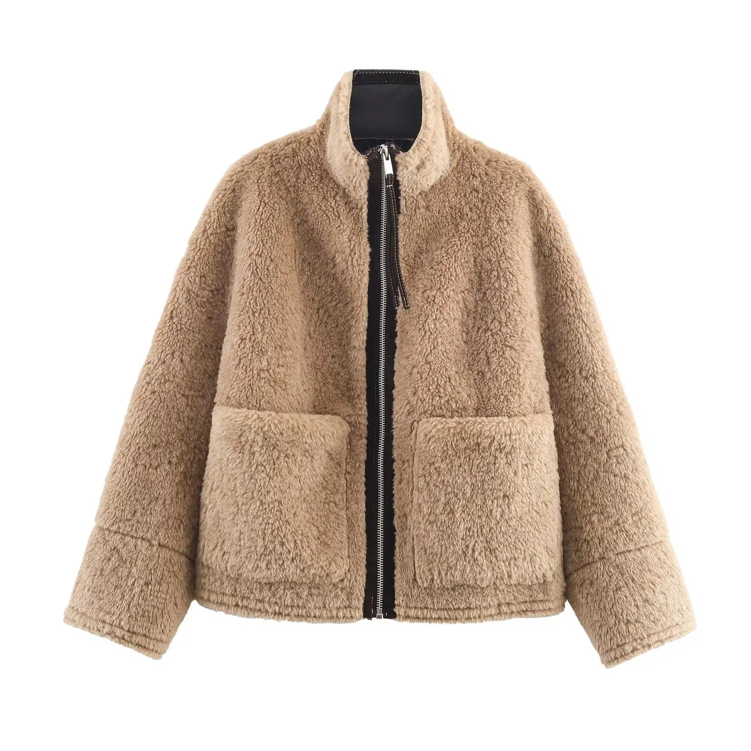 TFMLN Winter Women's Warm Leather Lamb Fur Splicing Jackets Chic Stand Collar Large Pockets Zipper Casual Fur Street Outerwear 1