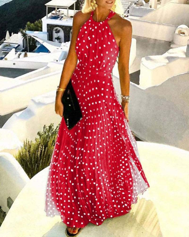 Summer Women Boho Polka Dot Print Chiffon Pleated Maxi Dress - New Femme Sleeveless Maxi Boho Vacation Outfits Lady Clothing Red