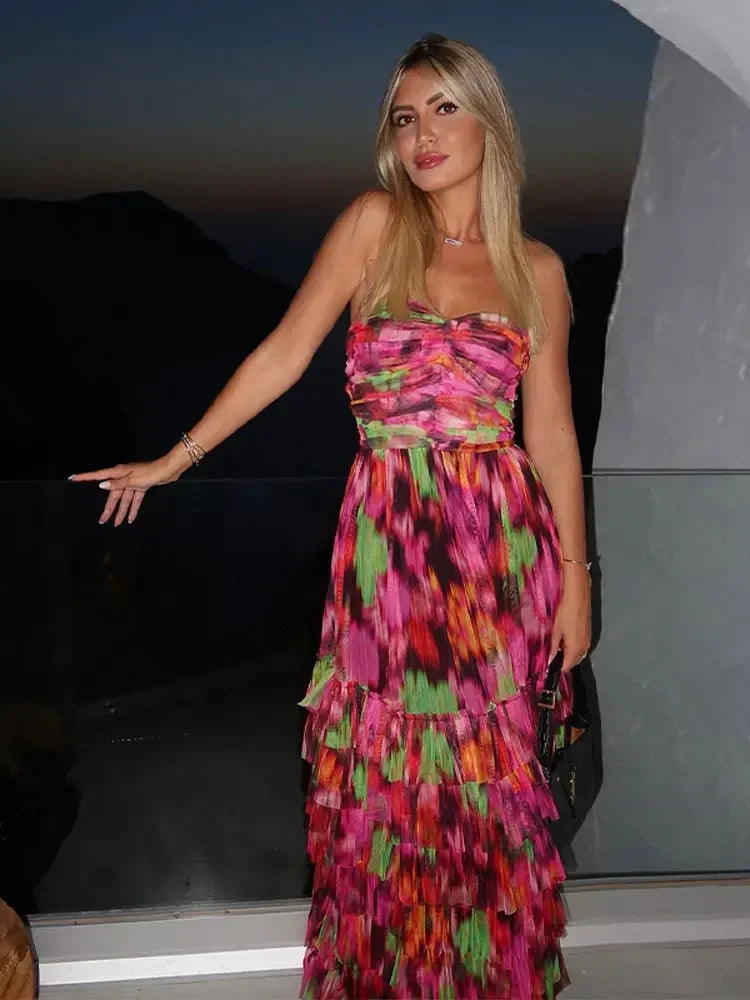 Colorful Strapless Long Dress Women Elegant Backless Patchwork Bodycon Dresses Summer Female Club Party Evening Vestidos