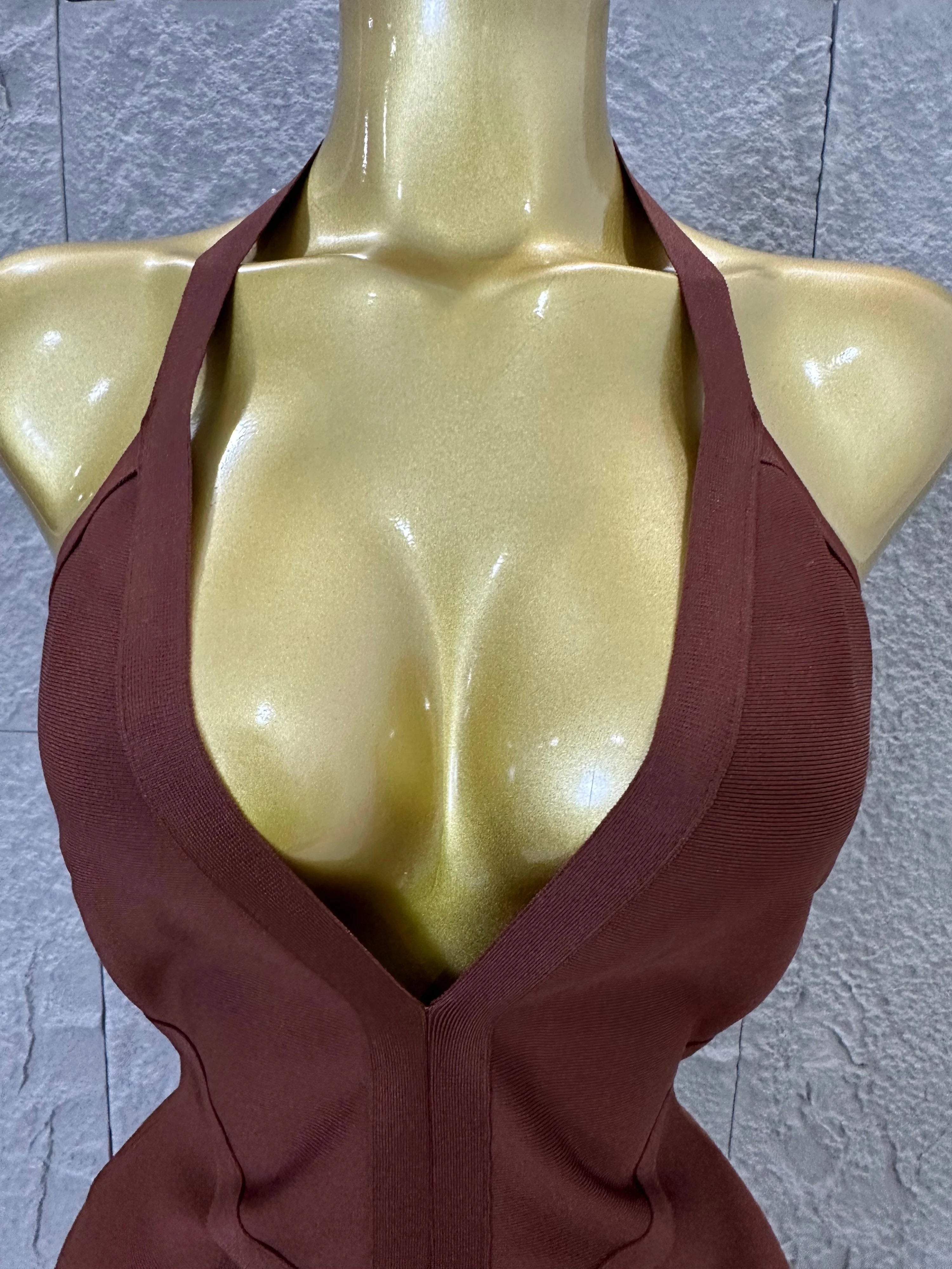 Elegant 2026 Brown Bandage Midi Dress Women Sexy Halter Neck Deep V Bodycon Evening Party Costume Cocktail Party Costume