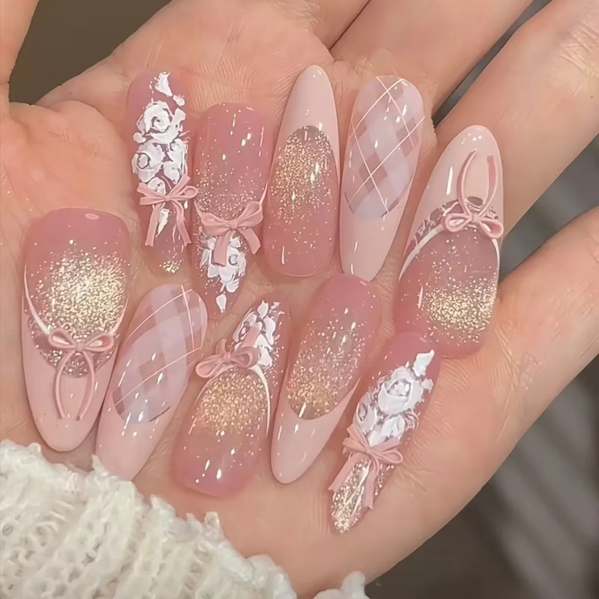 10Pcs Long Almond Oval Butterfly Diamond False Nails Full Cover Pink Bow Pearl Rhinestone Chain Decoration French Manicure Nails