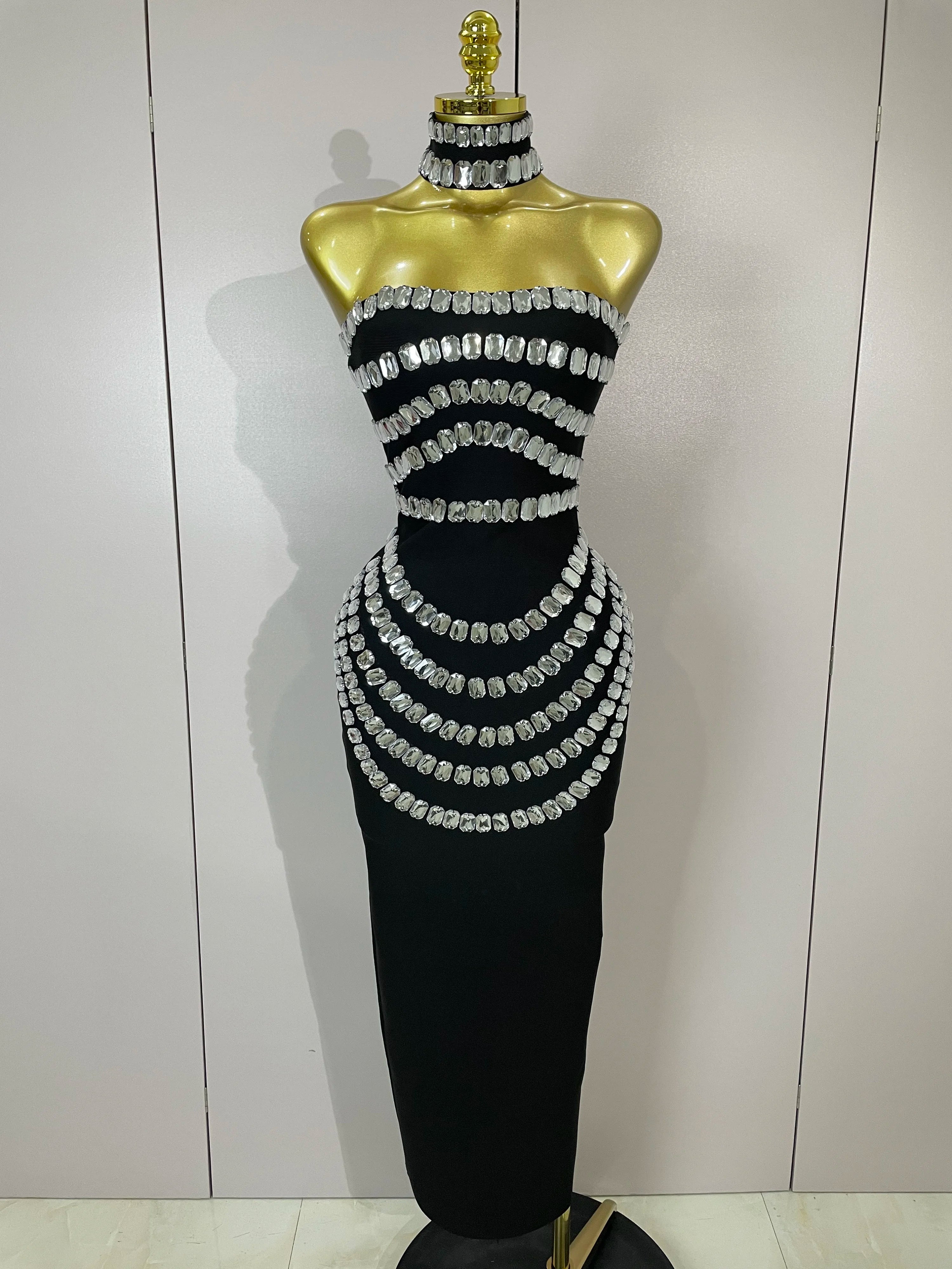 2025 Women Sexy Backless Strapless Black Beading Long Bandage Bodycon Dress Celebrity Elegant Evening Luxury Birthday Dresses black