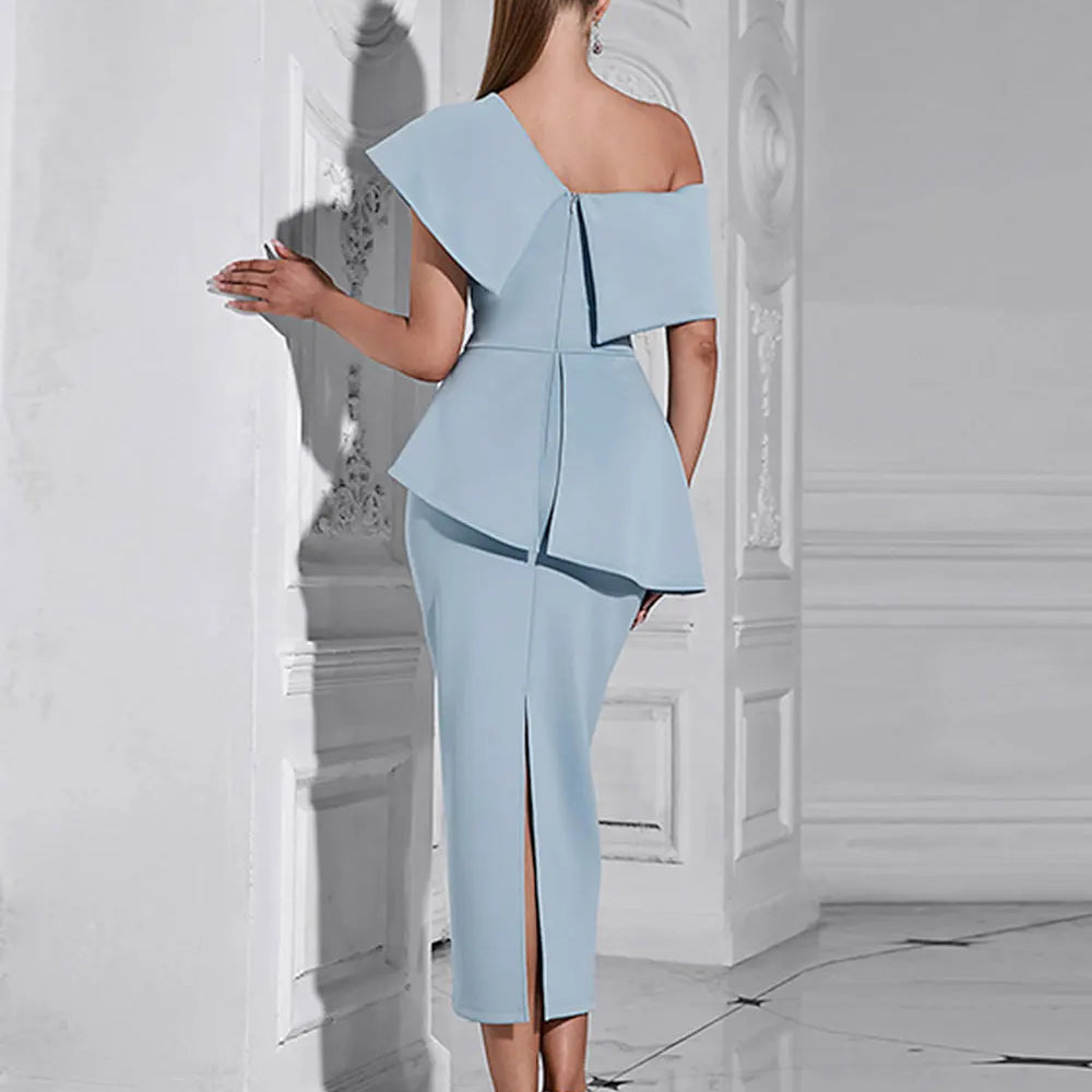 2024 Sexy Women Sky Blue Dress Off Shoulder Slant Neck Lotus Leaf Sleeve Button Design Bodycon Midi Dress Evening Party Vestidos