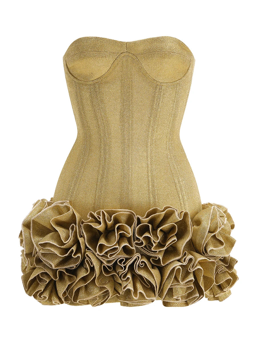 Christmas Dress Strapless Backless Red Structured Floral Embellished Mini Length Bodycon Celebrity Party Cocktail Dress Gold