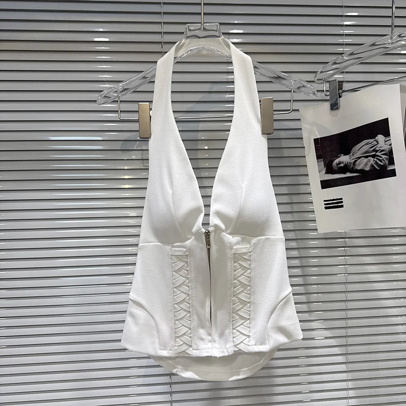 Winter New Fashion Drawstring Strap Design Backless Slim Chest Pad Halter Top For Women Solid Color Vest 11A07940