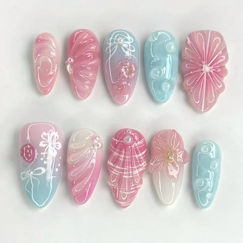 24Pcs Cute Rabbit Design Press on Nails Red Strawberry Pattern Wearable False Nails Mid-length Almond Full Cover Fake Nail Tips 1131