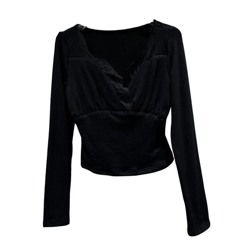 Winter New Elegant Fashion V-neck Lace Trim Design Long Sleeve Base Shirt For Women Slim Fit Tops Female 11A07606