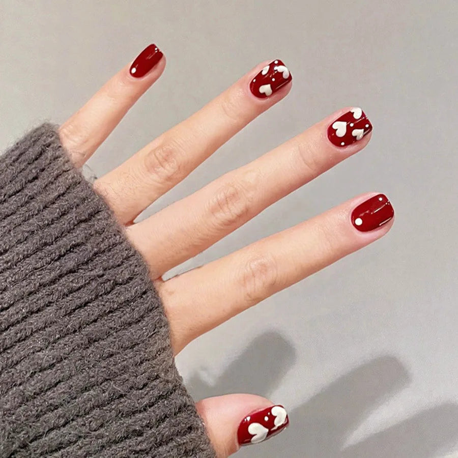 24pcs/set medium long fake nails for women cute gradient pink red heart rose flowers for Valentine's Day press on acrylic nails 1755