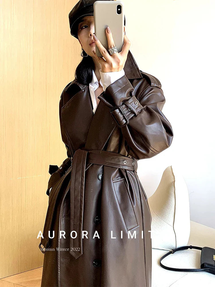 Spring Autumn Long Loose Brown Pu Leather Trench Coat for Women Belt Double Breasted American and European Fashion 2023