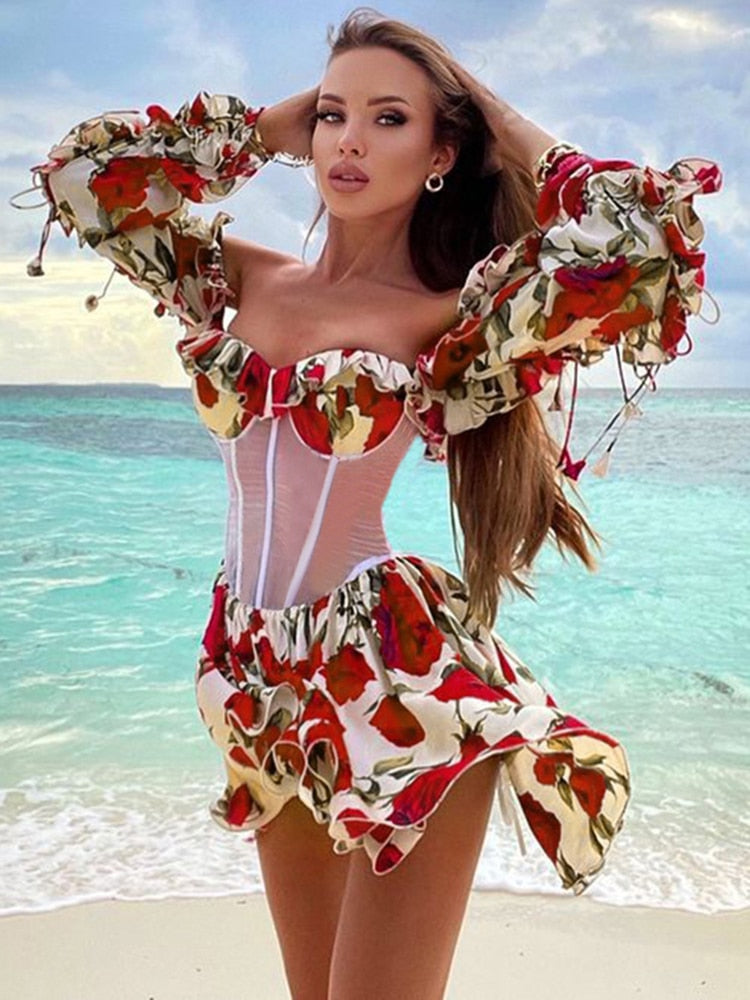 Red Printed Sexy Perspective Show Waist Lace Long Sleeve Mini Dress For Women Summer Beach Dresses Vestidos